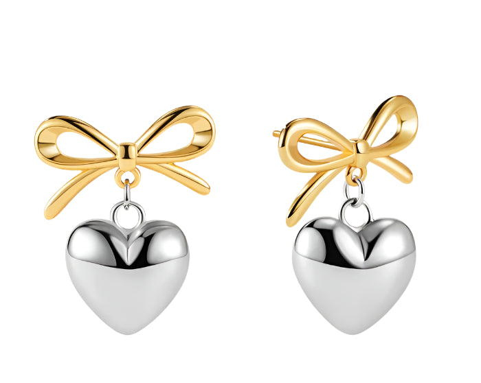Bow & Heart Earrings in Silver & Gold