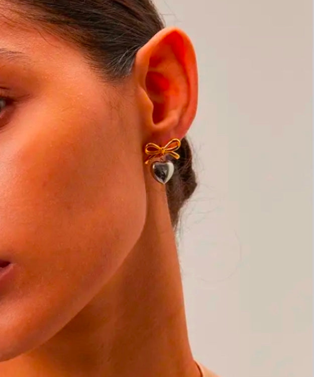 Bow & Heart Earrings in Silver & Gold