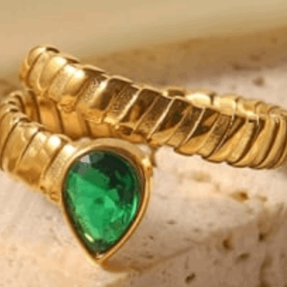 Gold Adjustable Green Pear Shine Ring - Kissed Jewellery