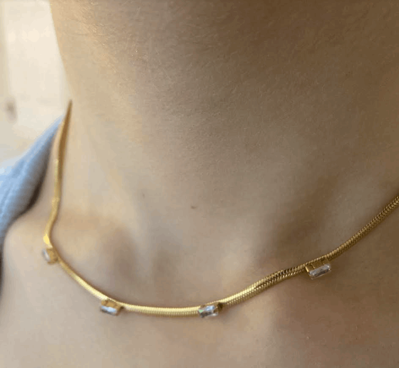 Gold Vintage and Clear Gem Herringbone Necklace - Kissed Jewellery